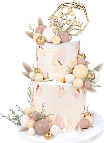 47 piezas de decoración de pastel de madera Oh Baby Cake Topper, decoraciones de pastel de bolas Boho para baby shower, recién nacido, cumpleaños,