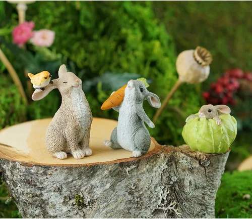 Vista 4 de Top Collection - Estatua de jardín de hadas y terrario en miniatura con conejo atrapado en una col