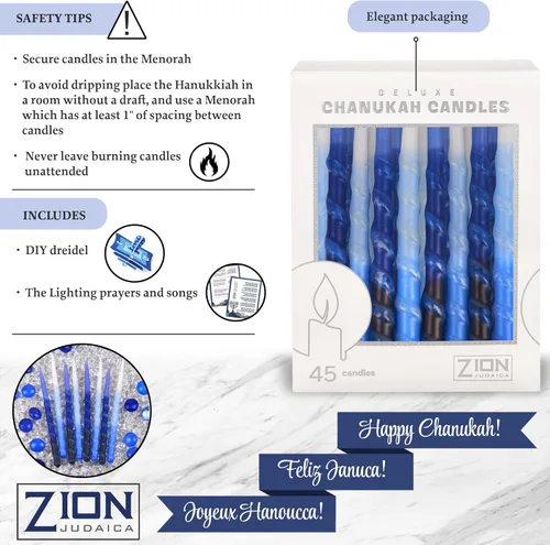 Vista 4 de Velas para Janucá hechas a mano con tres tonos de colores, 5.5 pulgadas de alto, de Zion Judaica