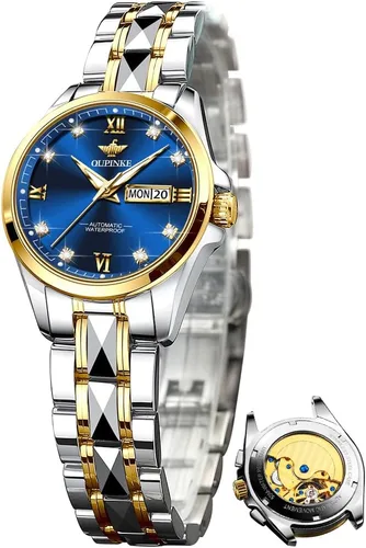 Vista 15 de OLEVS Reloj automático para mujer, color azul, dos tonos, fecha, reloj mecánico, calendario, reloj de pulsera impermeable con diamantes