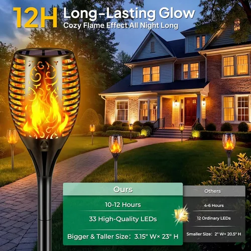 Vista 3 de TomCare Luces solares para exteriores, luces solares de llama parpadeante, impermeables, iluminación al aire libre, luces de camino, decoraciones