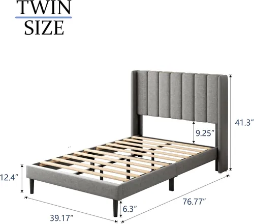 Vista 89 de Base de cama tamaño Queen con cabecera tapizada con respaldo de ala, plataforma de fácil montaje, soporte de listones de madera, no necesita somier