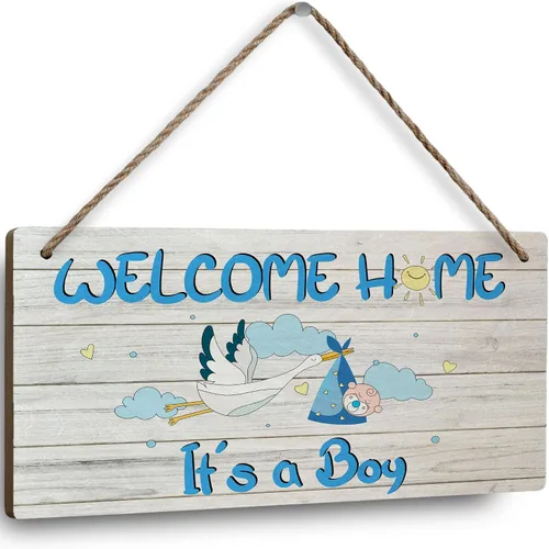 Letrero de madera con texto en inglés "Welcome Home It's a Boy", 9.8 x 5.9 pulgadas, decoración de puerta de baby shower azul para puerta delantera
