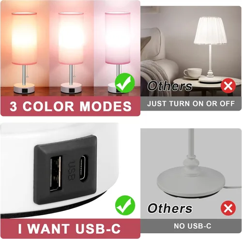 Vista 8 de Hong-in - Lámpara de mesita rosa, 3 modos de color, lámpara pequeña con puertos de carga USB-C y USB-A, cadena de tracción, luz de noche