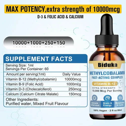 Vista 3 de Gotas líquidas de vitamina B12 sublinguales de 10,000 mcg, fórmula única con D3, B9 (ácido fólico), calcio, energía de apoyo, corazón, estado