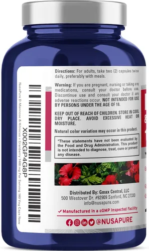 Vista 3 de NusaPure Complejo D-Manosa 1400 mg (con hibisco y arándano) - 180 cápsulas vegetales sin OMG y veganas