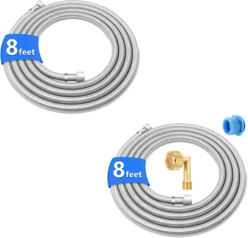 8FT Stainless Steel Braided Water Supply Line for Dishwasher(2pcs), Brass 3/8 Inch Compression x 3/8 Inch Compression Connections, Food Grade PEX