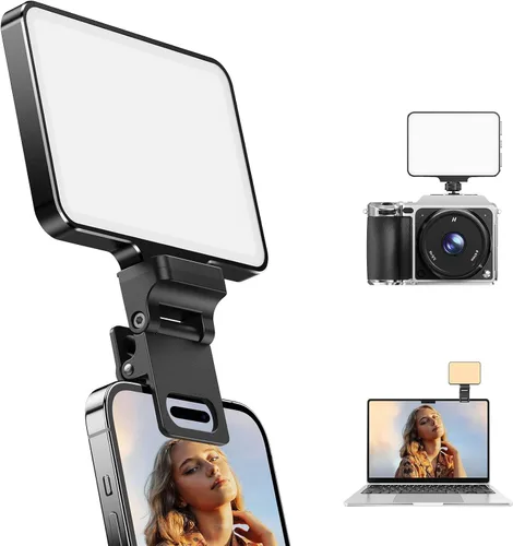 Weilisi - Luz para selfie de metal, recargable, ultrafina, con clip, con atenuación continua, luz para iPhone, maquillaje, videoconferencia,