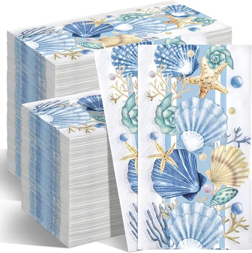 Vista 19 de Jetec 200 servilletas de papel costeras con conchas marinas, toallas de mano de papel para baño, desechables, diseño de estrella de mar azul marino