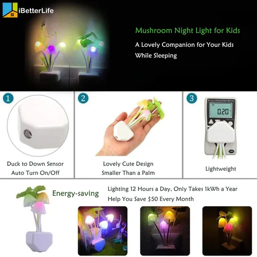 Vista 4 de iBetterLife Luz Nocturna LED con Sensor Inteligente 0.6W, Luces Nocturnas Cambiables de Color, Enchufables, Linda Luz Nocturna en Forma de Seta