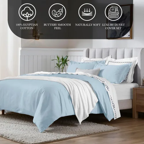 Vista 4 de Set de fundas para cobertor de 2 unidades, tamaño twin, una sola capa, sólido, de grapa larga de algodón peinado., Celeste (Baby Blue), Full/ Queen