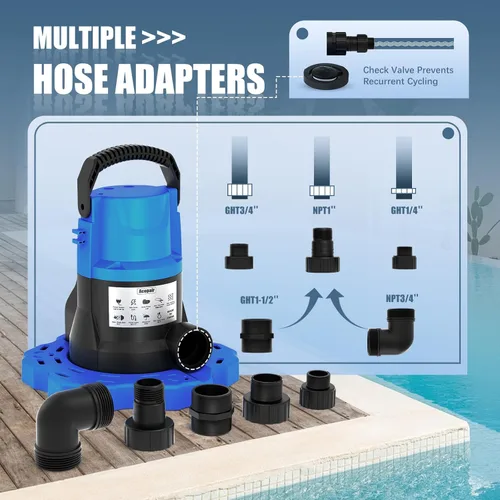 Vista 6 de Bomba automática de cubierta de piscina de 1 HP, bomba sumergible de 5000 GPH 115V con adaptador de válvula de retención de 3/4 pulgadas y cable