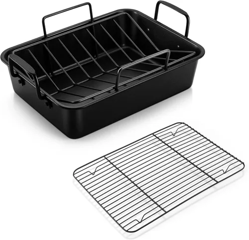 Vista 10 de P&P CHEF Bandeja Asadora de 14 pulgadas con rejilla para hornear y rejilla en forma de V, bandeja rectangular de acero inoxidable para lasaña