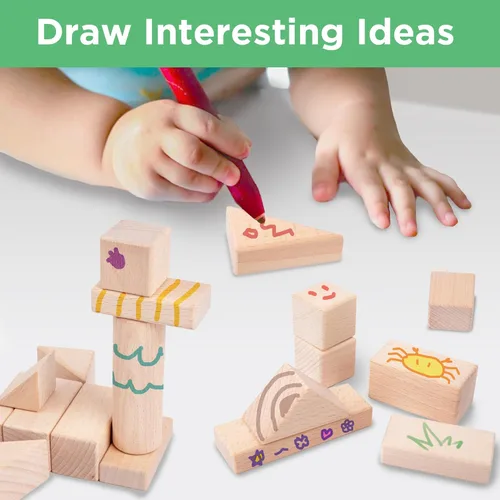 Vista 4 de iPlay, iLearn Juego de bloques de construcción de madera para niños, juguete de aprendizaje Montessori de bloque de madera natural, gran unidad