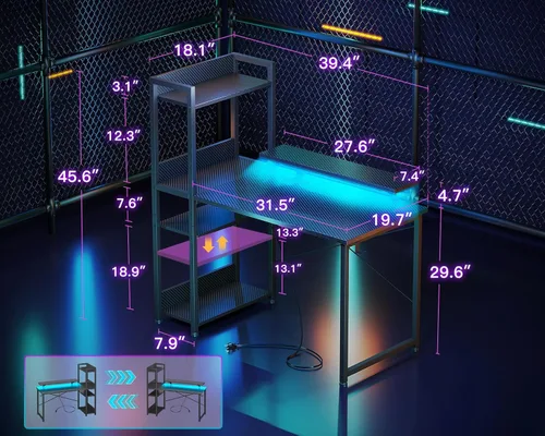 Vista 17 de ODK Escritorio reversible para juegos con tomas de corriente y luces LED, escritorio para computadora de 48 pulgadas con estantes de almacenamiento