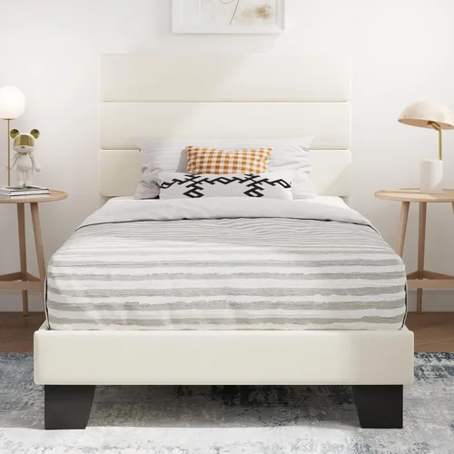 Vista 9 de SHA CERLIN Base de cama de plataforma completa con cabecera de tela tapizada, base de colchón con fuerte soporte de listones de madera, no necesita