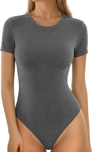 Vista 47 de MANGOPOP - Body de cuello redondo para mujer, manga corta y manga larga, camisetas ajustadas y básicas A1 Manga Corta Negro