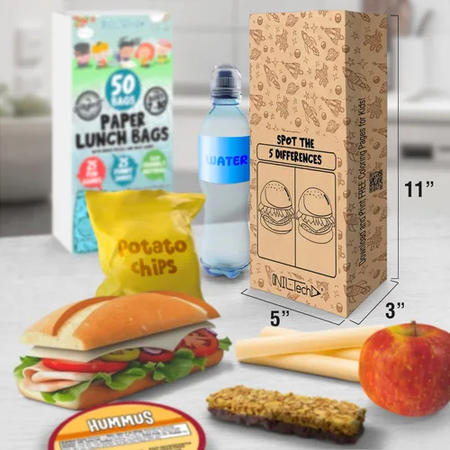 Vista 2 de NIL-Tech - Bolsas de almuerzo de papel desechables para niños, paquete de 50 unidades, divertido saco de papel kraft marrón Bolsas de papel