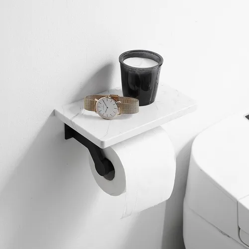 Vista 2 de Soporte de papel higiénico de aluminio negro mate Hoimpro con estante de mármol natural blanco, soporte de almacenamiento de rollo de papel de mano