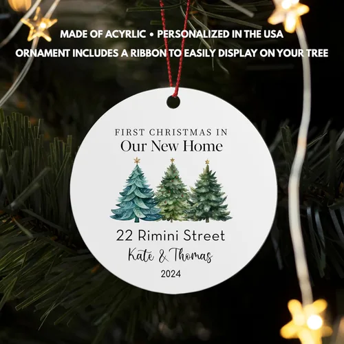 Vista 3 de New Home Ornament 2024, Personalized First Christmas Ornament with Names & Address, 3.75 in Round, Christmas Housewarming Gifts for Couples, Custom