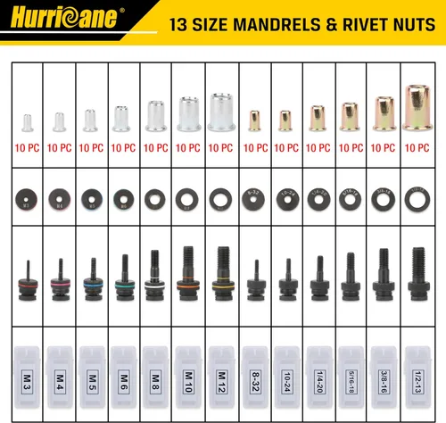 Vista 3 de HURRICANE Herramienta de Tuerca de Remache de 16", Herramienta Manual de Tuerca de Remache con 13 Mandriles Métricos y SAE, 130 Tuercas de Remache