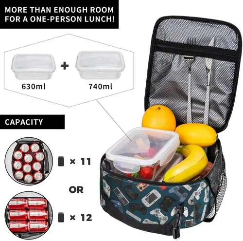 Vista 80 de Bolsa de almuerzo con joystick de juego verde, bolsa de almuerzo aislada, contenedor de comida para escuela, trabajo, picnic, viajes