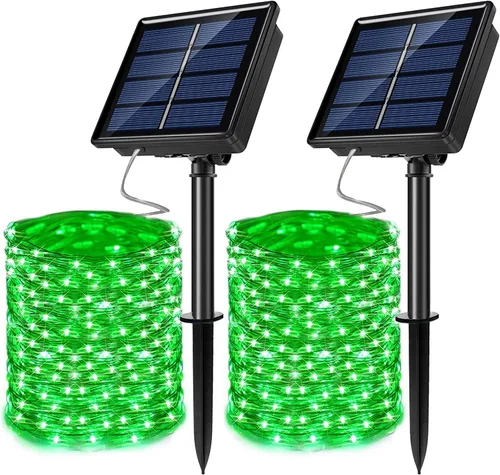 Vista 13 de Guirnalda de luces LED con energía solar actualizada, 8 modos, resistente al agua, IP65, iluminación intermitente, para interior y exterior, Azul