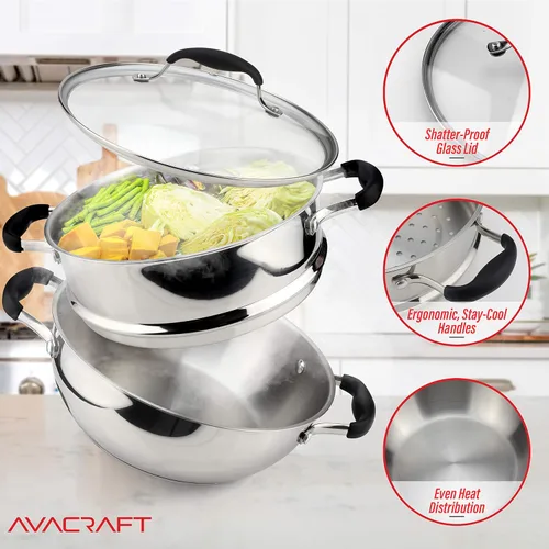 Vista 3 de AVACRAFT 18/10, 3 Piece Stainless Steel Steamer Cooking Pot & Pan Set with Glass Lid, Momo Maker, Induction