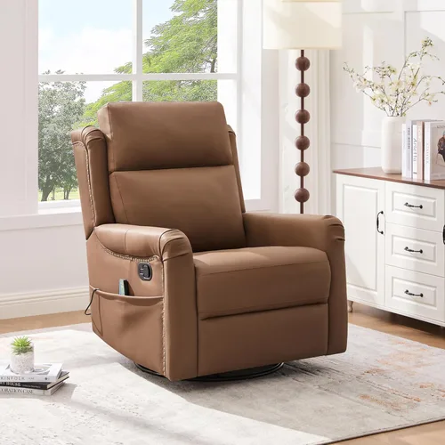 Merax Modern Manual Recliner Chair with Massage & Heat, 270° Swivel Rocking Chair, PU Leather Upholstered Home Theater Recliner with Storage Pocket,