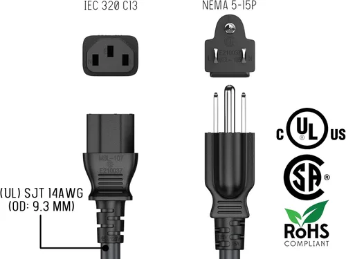 Vista 6 de Cable Leader Cable de alimentación de computadora NEMA 5-15P a IEC C13, cable de alimentación de CA resistente de 3 clavijas para PC, monitor, Negro