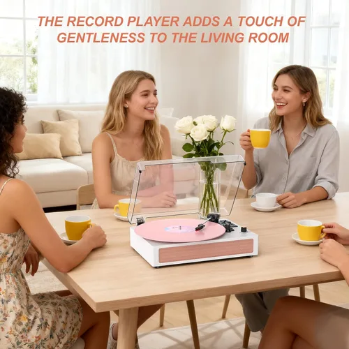 Vista 12 de Tocadiscos de vinilo con altavoces, tocadiscos Bluetooth vintage rosa con modos de sonido EQ y pantalla LED, tocadiscos de 3 velocidades para discos