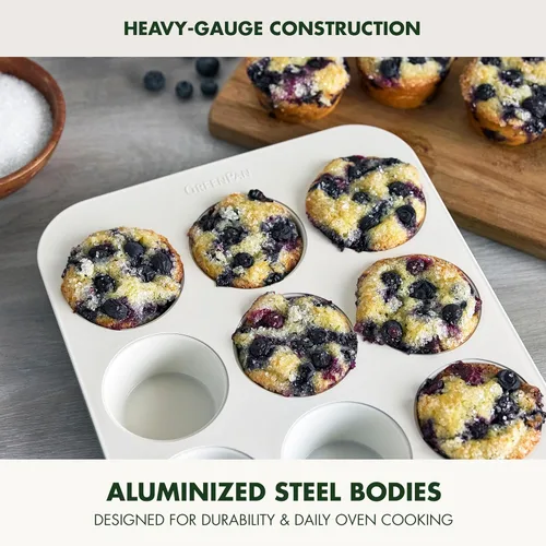 Vista 2 de GreenPan Juego de utensilios para hornear, 7 piezas de cerámica antiadherente con mango dorado para hornear, moldes para pasteles, molde para pan