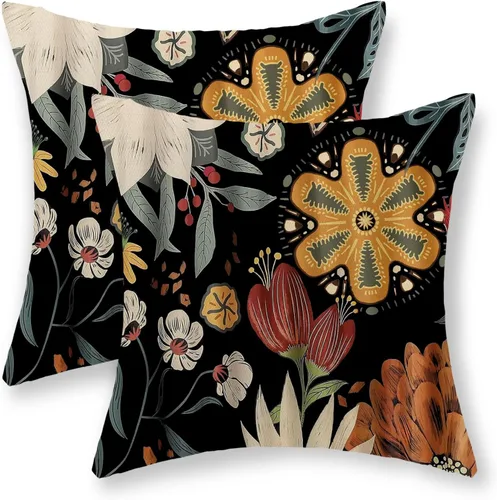 Juego de 2 fundas de almohada florales bohemias de 16 x 16 pulgadas, para primavera y verano, con flores vintage, modernas y abstractas, decoración