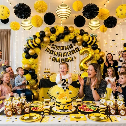 Vista 2 de ADLKGG 16 decoraciones de fiesta de abejas – abanicos de papel de seda amarillo, negro y blanco, faroles de papel, pompones, bolas de panal