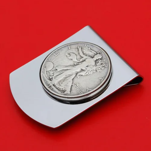 Vista 2 de US 1938 Walking Liberty Half Dollar Stainess Steel Large Money Clip NEW - Wide Design