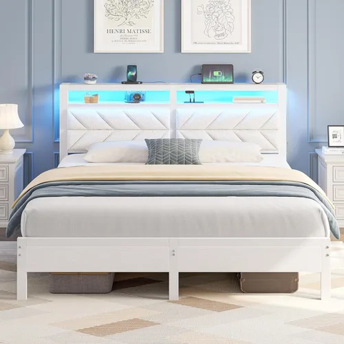 Vista 15 de Seventable Base de cama individual con estación de carga y luces LED, cabecera tapizada con estantes de almacenamiento de 2 niveles, plataforma