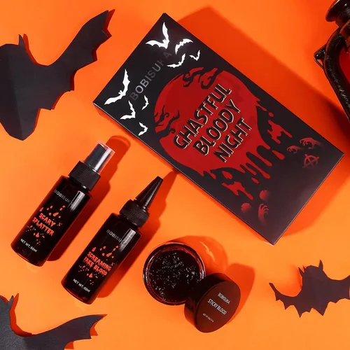 Vista 6 de BOBISUKA Kit de maquillaje de sangre falsa de Halloween de 3 piezas, coagulado de 1.41 onzas + spray de 1.76 onzas + goteo de 1.76 onzas, maquillaje