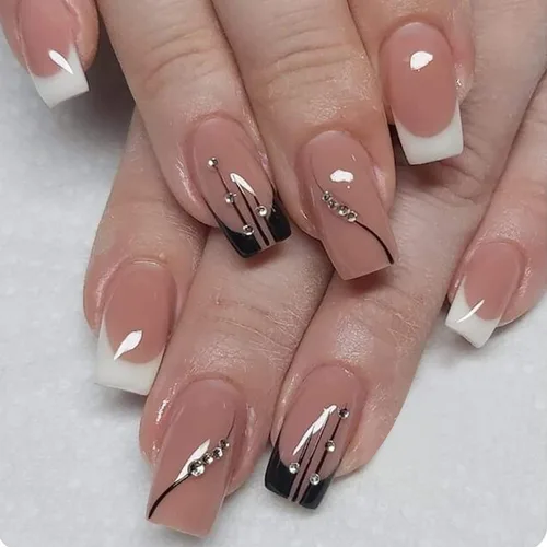 Vista 6 de Uñas postizas a presión de punta francesa, uñas postizas cuadradas blancas, uñas postizas cortas negras con diamantes de imitación, diseños