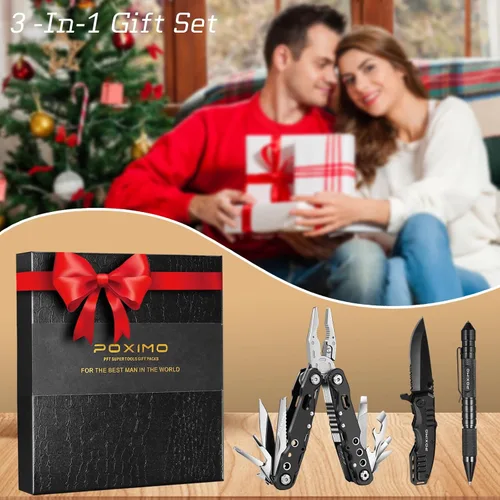 Vista 8 de Juego de regalo multiherramienta para hombres, para papá, él, kit de supervivencia EDC 3 en 1 con alicates múltiples 14 en 1, cuchillo de bolsillo