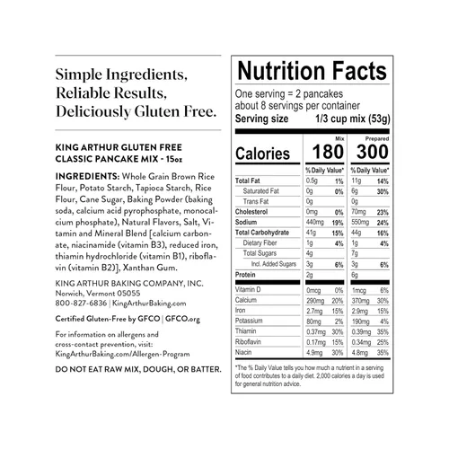 Vista 3 de King Arthur - Mezcla de panqueques con certificación como libre de gluten, verificado como libre de modificación genética y con certificación