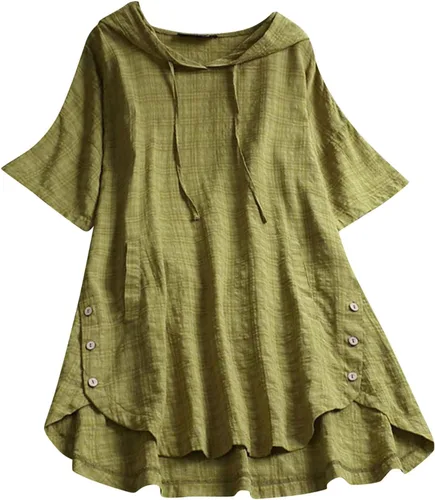 JOFOW Blusa de algodón y lino para mujer, manga larga 34, estampado floral, cuello redondo, holgada, tallas grandes S-3XL