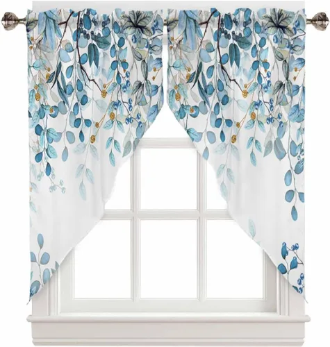 Vista 42 de Cortinas Swag con Cenefas de Hojas Botánicas de Eucalipto, Cortinas de Ventana de Cocina, Acuarela de Hojas de Plantas, Tratamiento para Ventanas