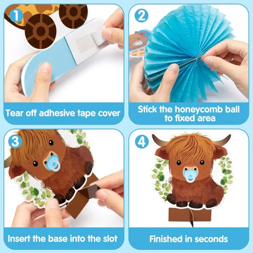 Vista 3 de 12 centros de mesa de nido de abeja de vaca de las tierras altas azules, decoración de mesa de ganado de las tierras altas, decoración de mesa