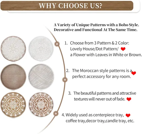 Vista 7 de Hanobe Bandeja Decorativa para Mesa de Café: Bandejas Redondas de Madera para Decoración Bohemia del Hogar, Centro de Mesa Rústico de Granja de 12