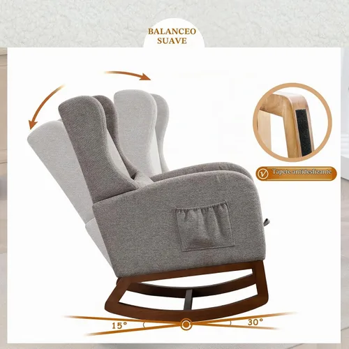 Vista 5 de Mecedora moderna para guardería, cómoda silla mecedora con reposapiés, sillón de lectura acentuado con almohada y bolsillo, mecedora tapizada