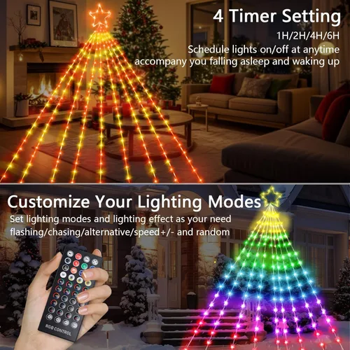 Vista 2 de Vigdur Decoración de Árbol de Navidad de 16.4 Pies - 315 LEDs Luces de Árbol en Cascada de Estrellas Personalizables con Control Remoto