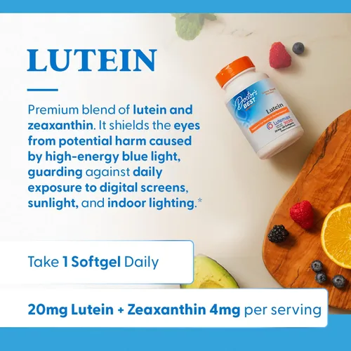 Vista 4 de Doctor's Best Luteína con Lutemax, sin OMG, sin gluten, salud ocular, 20 mg, 60 cápsulas blandas