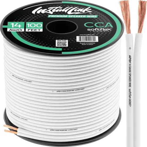 Install Link Cable de altavoz de calibre 14 (blanco) para cable de audio de automóvil, hogar o RV, 100 pies, CCA