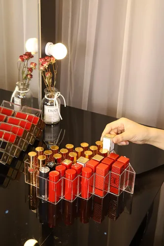 Vista 8 de Organizador de lápiz labial en 64 espacios, torre de lápiz labial apilable en forma de pez, soporte de almacenamiento de brillo de labios, perfecto
