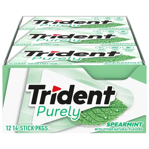 Vista 28 de 12 paquetes de 14 unidades cada uno; es decir, en total son 168 unidades de goma de mascar Trident Bubblegum sin azúcar sabor chicle. Accesorios
